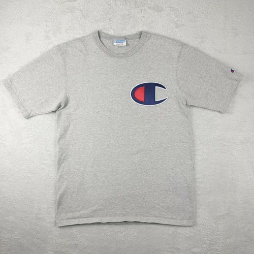 Champion Retro TShirt Top Medium M USA Grey Short Sleeve Logo Badge Crew Neck - Picture 1 of 12