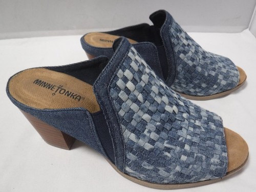 PF2 Women's MINNETONKA Blue Jean Woven Denim Fabric Block Chunky Heel Sandals 8 - Picture 2 of 13
