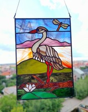 Stained Glass Hanging Window Panel Elegant Heron Design