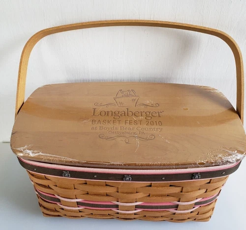 Longaberger Basket Fest 2010 Boyds Bear Country Handle Basket Wood Lid Liner NWT