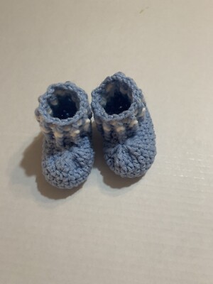 Baby Booties Blue With White Strip New 3  Sole Handmade Crochet