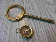 Handmade Magnifying Glass With Brass Nautical Lid Compass Collectible Antique