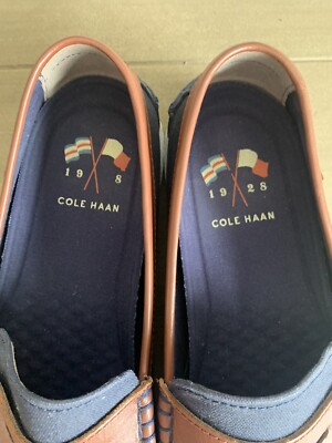 Cole Haan Men\'s Navy and Brown Penny  Loafers Sz 10M Mens Cole Haan Canvas Penny Loafer Navy brown leather trim  main image 4