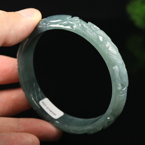 60mm Certified A Green Natural Jadeite Jade Bangle Bracelet Dragon Phoenix 17841 - Picture 4 of 12