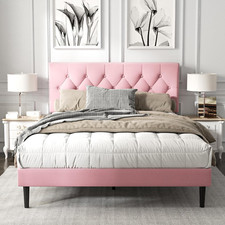 Full Size Platform Bed Frame with Upholstered Button Tufted Headboard, Mattress