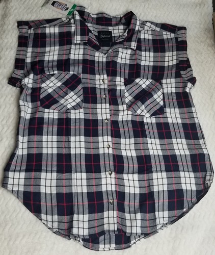 NWT Jachs Girlfriend Shirt XL Tartan Plaid Cuff Short Cap Sleeve Button Up  - Picture 1 of 11