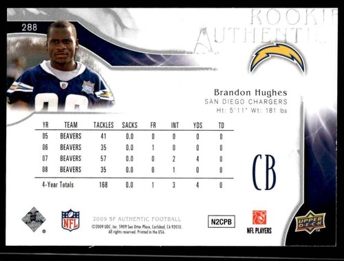 2009 SP Authentic Brandon Hughes Rookie 033/999 San Diego Chargers #288 R12 - Picture 2 of 2
