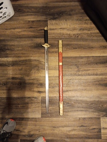 Vintage Chinese Sword 26 Inch Steel Double Sided Blade with Red Leather Scabbard - Picture 11 of 13