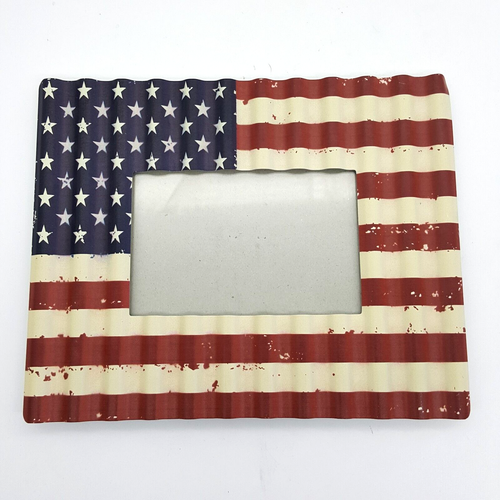 Patriotic Metal American Flag Picture Frame Corrugated Distressed Look Americana - Picture 6 of 6