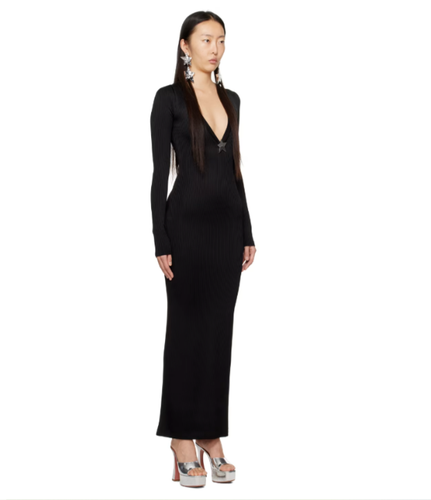 AREA Star Stud Plunging V-Neck Ribbed Knit Jersey Bodycon Maxi Dress SMALL 2/4/6 - Picture 8 of 14