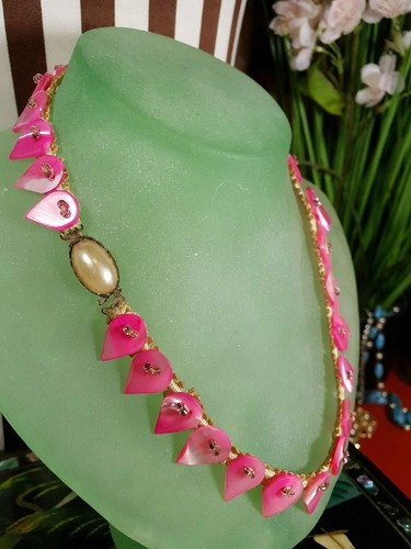 Vintage 1930s Mother Of Pearl Necklace 16" Choker Cerise Pink Teardrop Art Deco - Picture 9 of 18