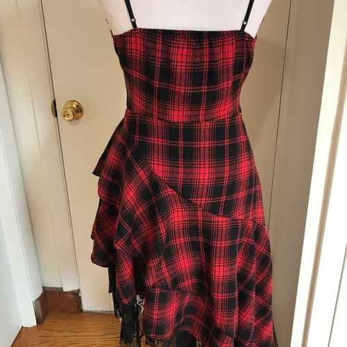 Vestido Punk Gótico Visual Kei Rojo y Negro Cuadros Tartán Dobladillo Asimétrico M - Imagen 11 de 12
