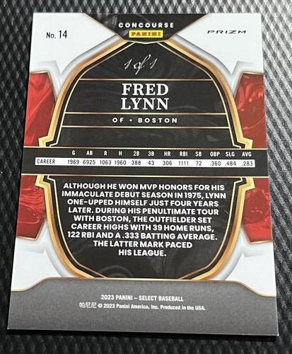 2023 Fred Lynn Red Sox 1/1 Panini Select Concourse Card #14 Black Prizm - Picture 2 of 3