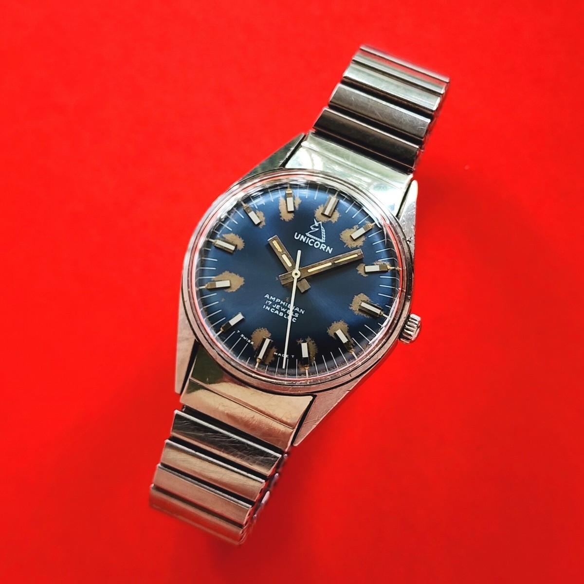 ヴィンテージ  古道具  ACME  レトロ  UNICO Unicorn Amphibian Watch Rare Blue Dial Hermetica Case Vintage Mens
