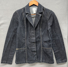 Women Denim Jacket M Indigo Paneled Cotton Stretch Blazer Preppy Y2K Minimalist