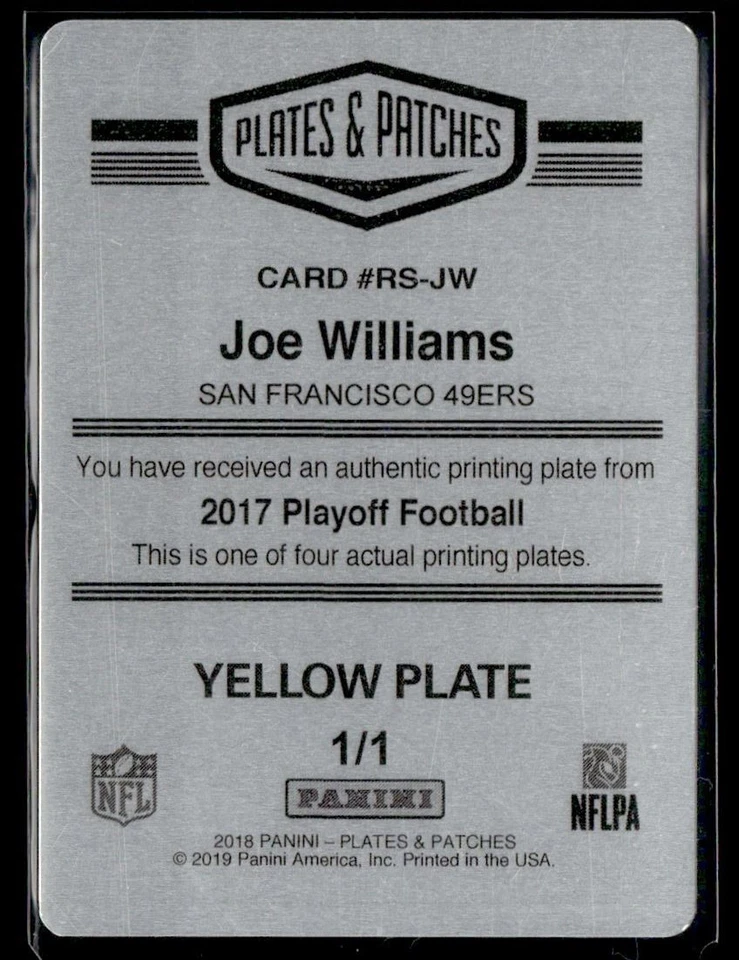 2017 Yellow Printing Plate Joe Williams 1/1 San Francisco 49ers #RS-JW - Image 2 of 2