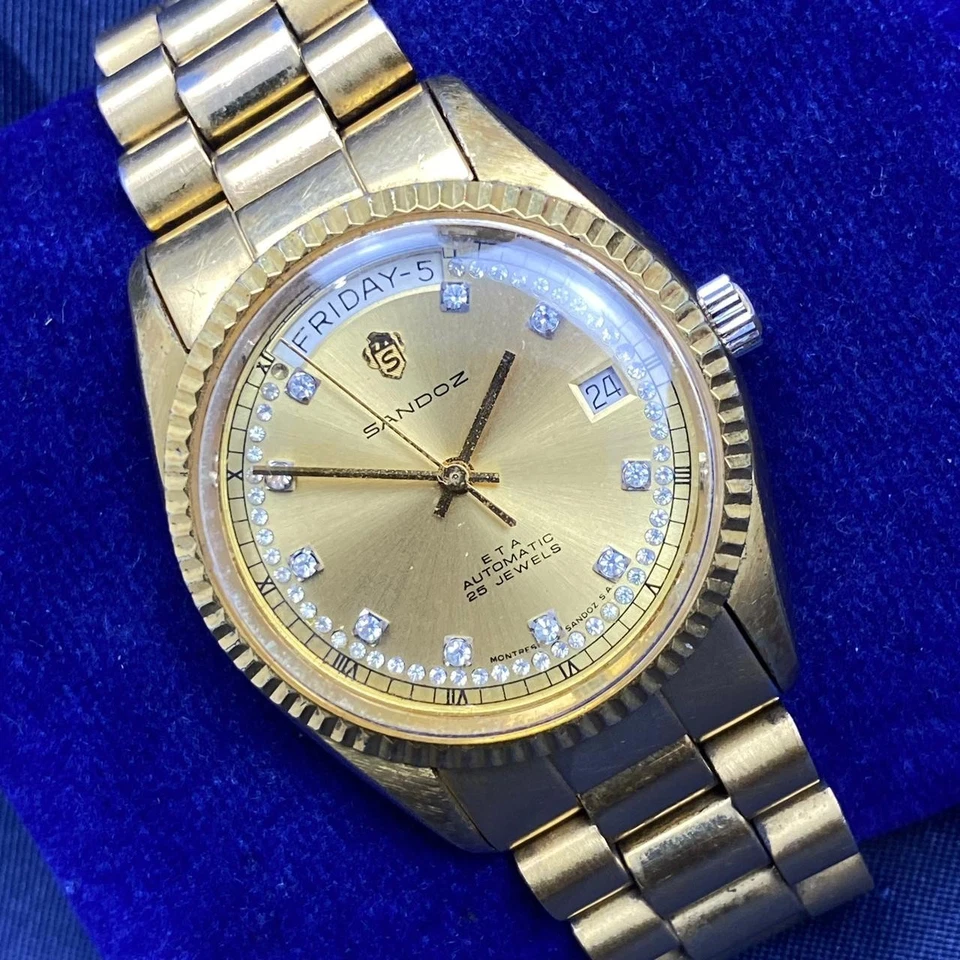 Raro Reloj Sandoz President Automático ETA Esfera Suiza Oro Diamante Día Fecha Hombres Foto 3 de 4