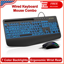 Wired Keyboard Mouse Combo, Large Print Backlit, Ergonomic Wrist Rest, 6 DPI RGB