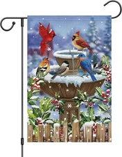 Winter Floral Birds Garden Flag 12x18 Inch Double Green, White, Blue, Red 