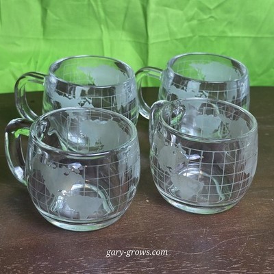 Vintage Nestle Nescafe World Globe Frosted Glass Coffee Mugs Cups - Set of 4
