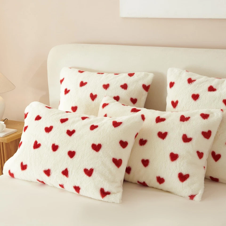 Conjunto de capa de edredom fofa tamanho duplo pele sintética veludo flanela coração vermelho impresso co... - Imagem 4 de 4