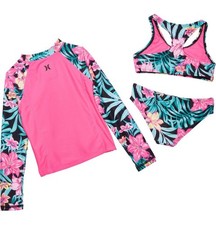 Hurley LIttle Girl's 6x Long Sleeve 3 Pc Bikini Rash Guard Tankini Swimsuit Pink