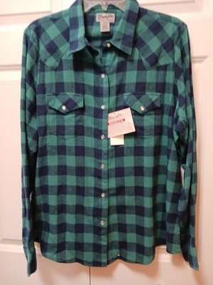 NWT Wrangler Western Womans Shirt XXL Green Navy Plaid Pearl Snaps Long Sleeve