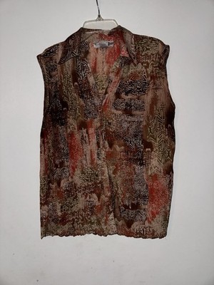 E. K. Designs Crinkled Look Brown Orange Tan Sleeveless Shirt. Medium
