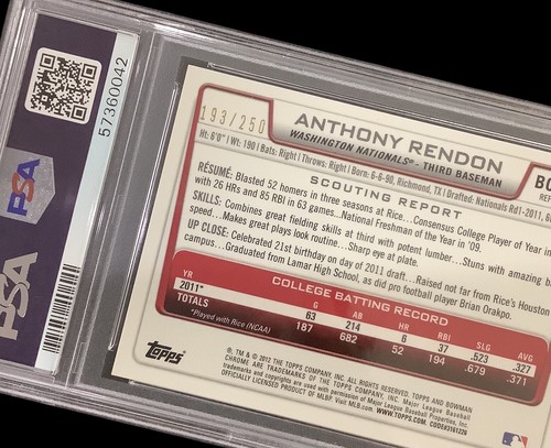 2012 bowman chrome #BCP88 anthony rendon rc; blue 193/250 rookie refractor PSA 9 - Picture 2 of 3