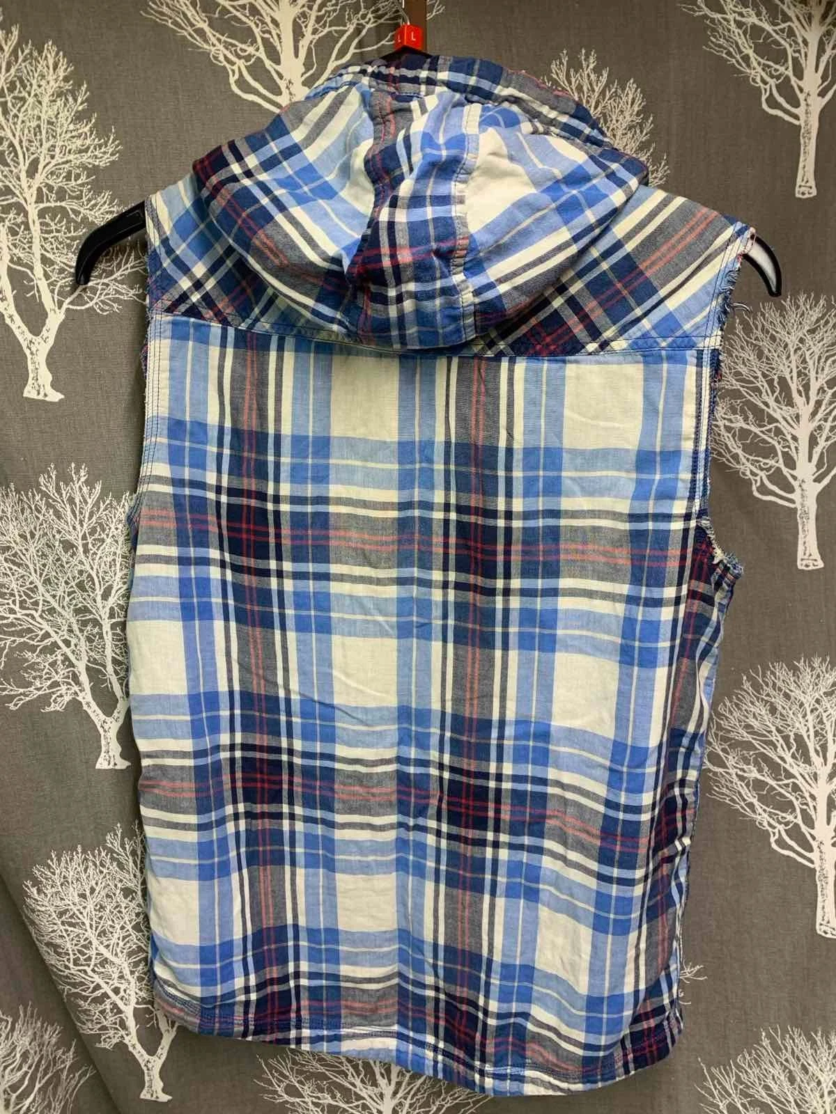 Adidas NEO Label Plaid  Vintage Sleeveless Hooded Shirt Vest Blue Check 2010,S. image 3