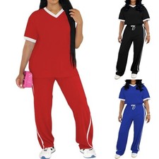 Womens 2Pcs Outfits Summer Casual Short Sleeve Top Wide Leg Pants Tracksuit Sets