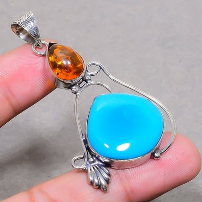 Sleeping Beauty Turquoise Baltic Amber Gemstone Jewelry Pendant 2.4'' SR 3279