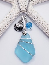 Sea Glass Necklace w/ Cultured Petite Aqua Blue Pendant Silver Wire Wrapped