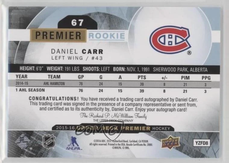 2015-16 Upper Deck Premier /399 Daniel Carr #67 Rookie Auto RC - Image 2 of 2