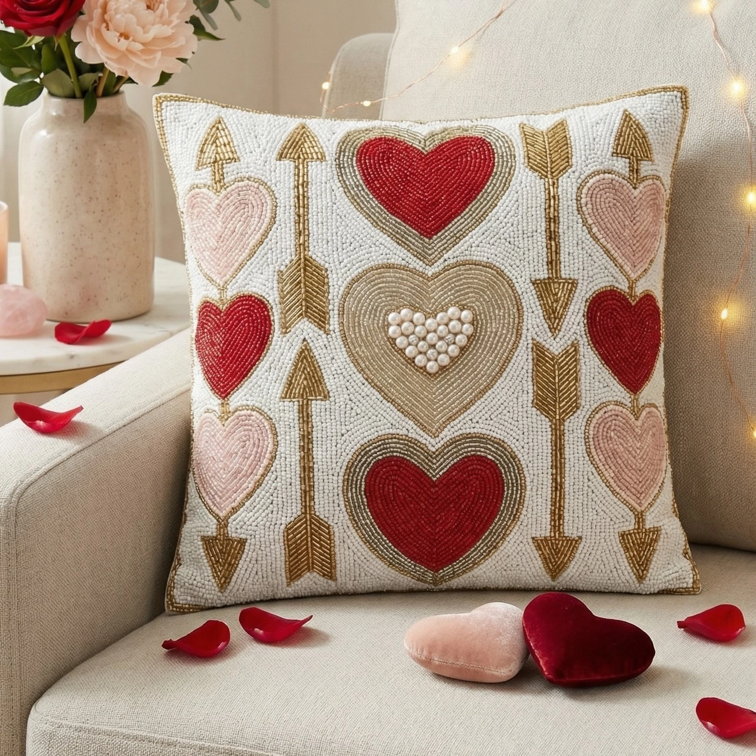 Romantic Valentine's Day Beaded Heart & Arrow Decorative Throw Pillow Cover
Opens in a new window or
