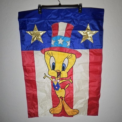 Vtg Looney Tunes Tweety Bird Garden Yard Flag 4th of July Patriotic Warner Bros