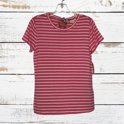 Maison Jules Short Sleeve Striped Tie Neck T Shirt Pink White Small $40 - 第 1/8 張圖片