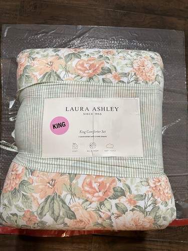 Laura Ashley Aveline Peach Floral Stripe King Comforter Set Shabby Chic 3pc