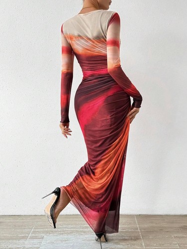 MARZXIN Womens Long Sleeve Maxi Dress Bodycon Ruched Natural Slim Fit Tie Dye... - Picture 2 of 7