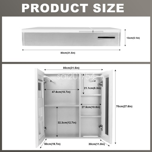 Spiegelschrank Bad Mit Led Beleuchtung, 80x13x70cm Badezimmer Spiegelschra Weiß - Bild 7 von 13