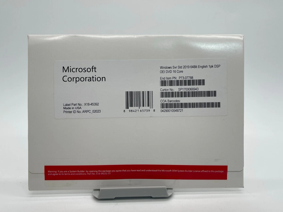 Servidor Windows SVR estándar STD 2019 64 BITS 1PK DSP OEI DVD 16 NÚCLEOS
