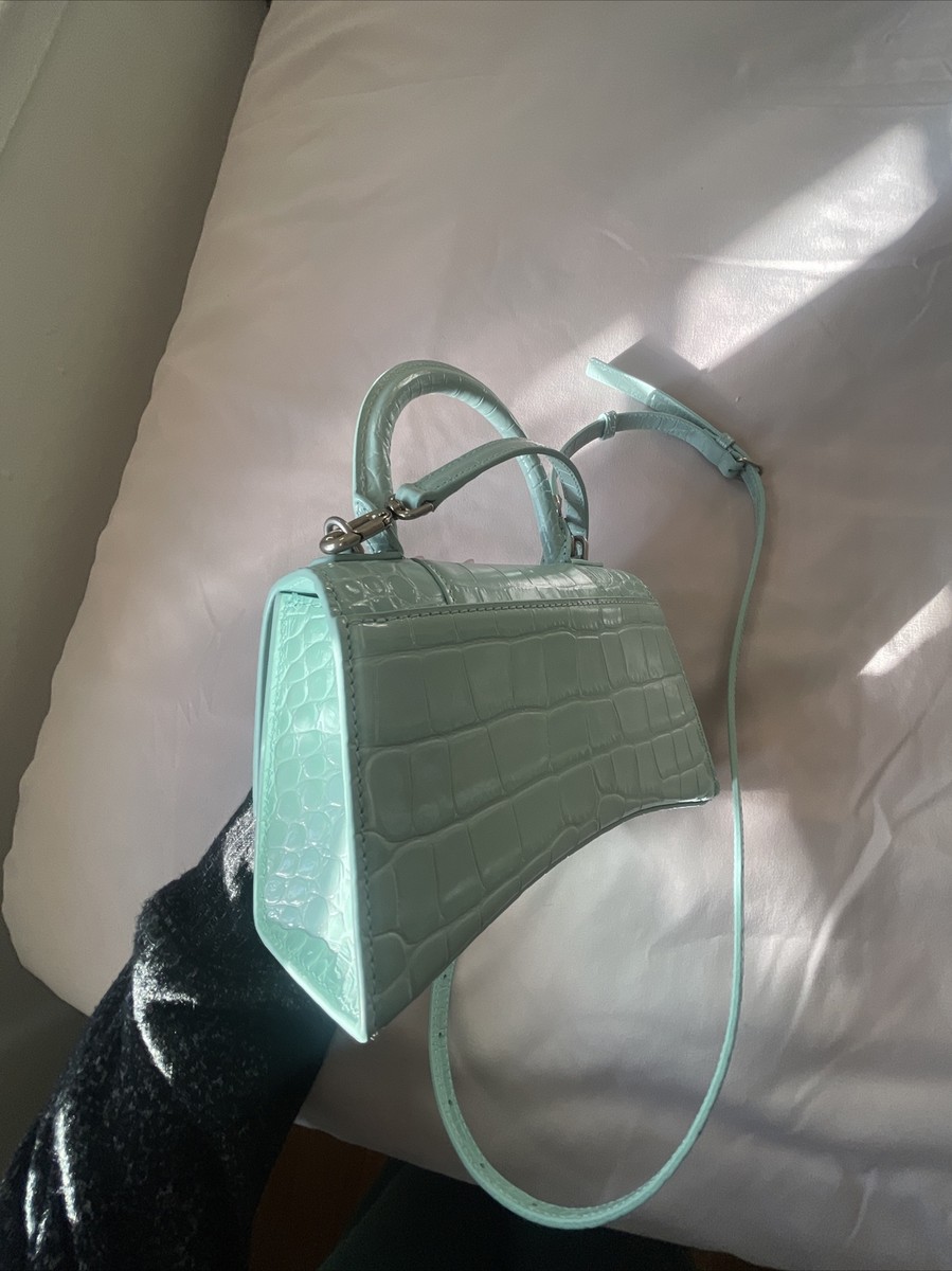 ハンドバッグ Balenciaga Mint Green Leather Small Hourglass Handbag Balenciaga Hourglass Chain Top Handle Bag Crocodile Embossed