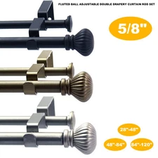 Fluted Ball Adjustable Double Drapery Curtain Rod Set 28"-48"/48"-84"/84"-120"
