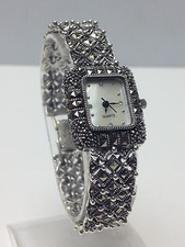 ALL 925 STERLING SILVER WOMEN'S LUXURY MOTHER OF PEARL MARCASITE BRACELET WATCH