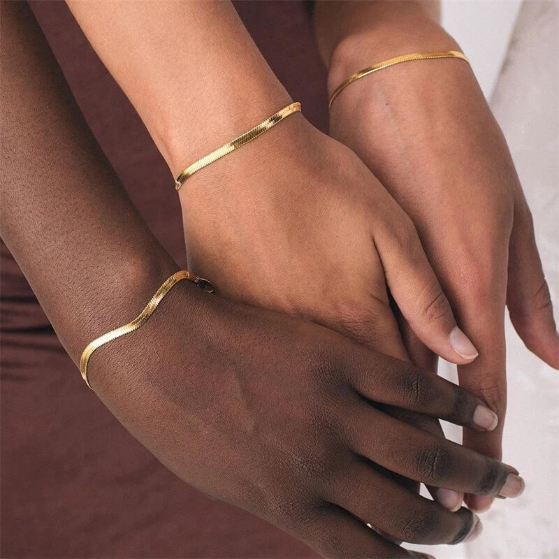 3/4/5mm Woman 14K Gold Plated Herringbone Flat Snake Chain Bracelet Bangle  7-9