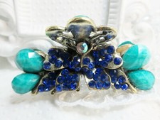 Large Teal and Sparkling Sapphire Color Austrian Crystal Hair Claw Clamp NEW