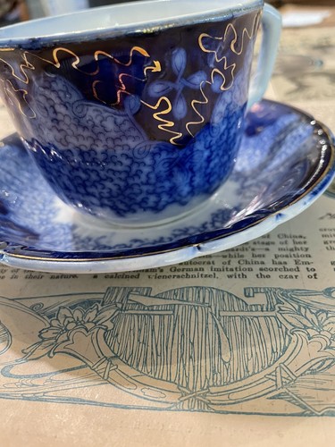 ANTIQUE FLOW BLUE 1891 CUP & SAUCER "PERSIAN MOSS" SARREGUEMINES GERMANY - Picture 4 of 12