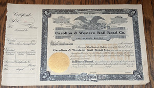 1894 Carolina & Western Rail Road Co. Stock Certificate South Carolina RARE