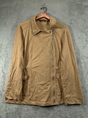 H Halston Moto Anorak Jacket Womens Medium Brown Ponte Knit Zip Roll Tab Sleeve