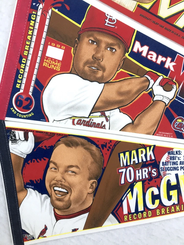 LOTE DE 4 BANDERINES DE BÉISBOL CARICATURA MARK MCGWIRE CARDENALES DE SAN LUIS de colección años 90 Foto 4 de 4